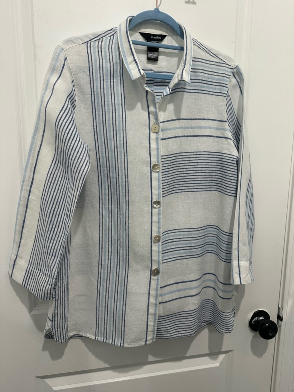 Ali Miles White and Blue Striped Casual Button-Down Linen Shirt Oversized Small